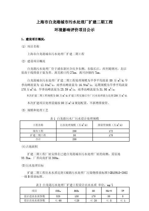 上海市白龙港城市污水处理厂扩建二期工程 环境影响评价项目公示