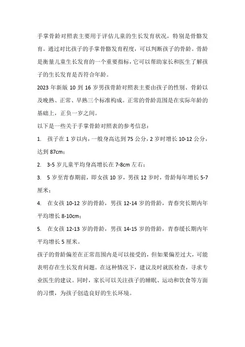 手掌骨龄对照表