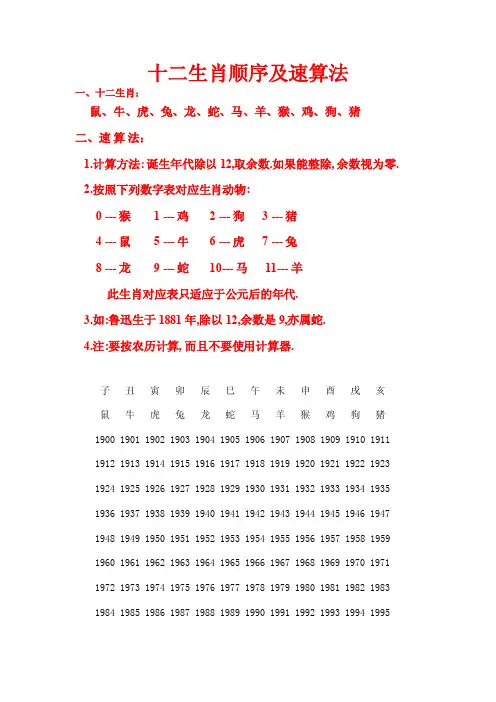 十二生肖、天干地支顺序及速算法