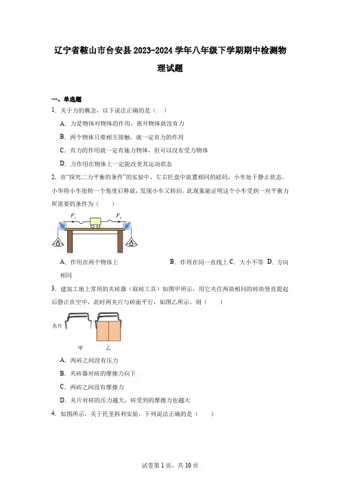 辽宁省鞍山市台安县2023-2024学年八年级下学期期中检测物理试题