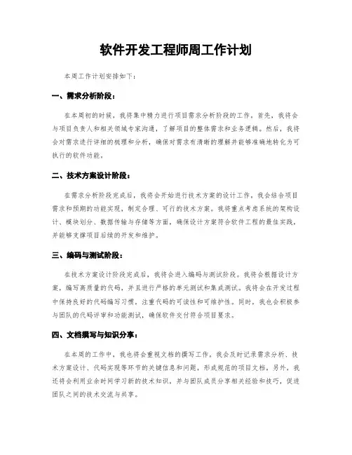 软件开发工程师周工作计划