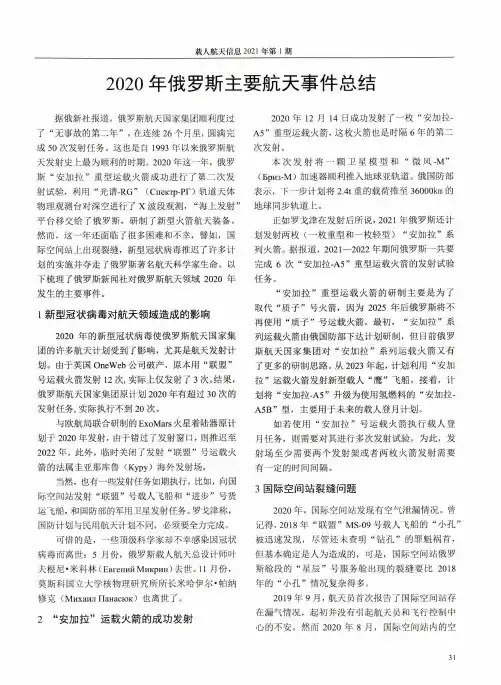 2020年俄罗斯主要航天事件总结