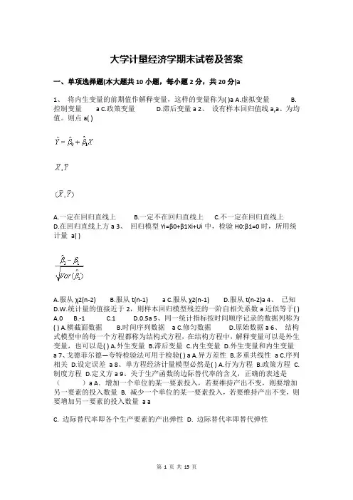 大学计量经济学期末试卷及答案