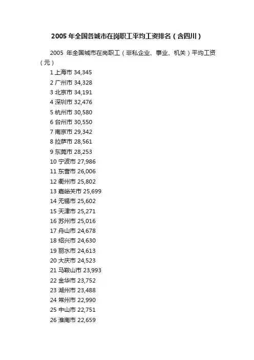 2005年全国各城市在岗职工平均工资排名（含四川）