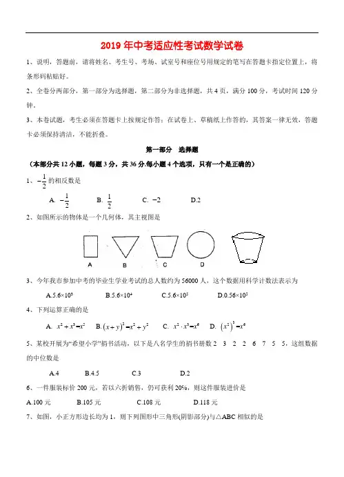 2019年中考适应性考试数学试卷及答案
