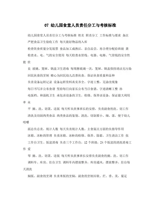 07 幼儿园食堂人员责任分工与考核标准