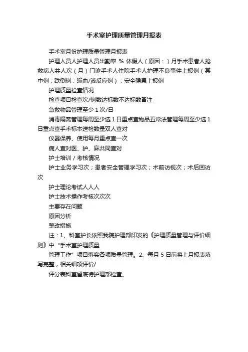手术室护理质量管理月报表