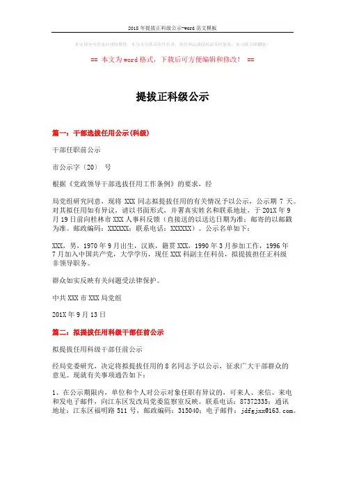 2018年提拔正科级公示-word范文模板 (11页)