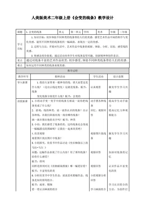 人美版美术二年级上册第一课《会变的线条》教案