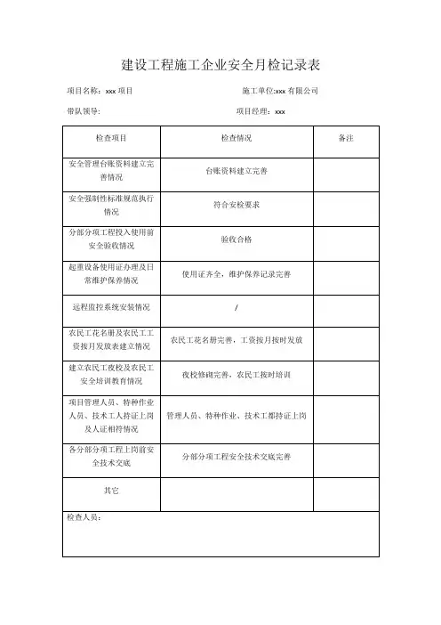 建设工程施工企业安全月检记录表