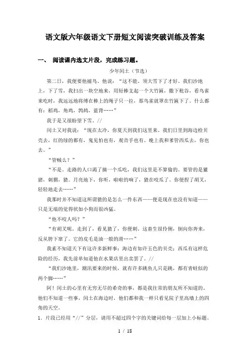 语文版六年级语文下册短文阅读突破训练及答案