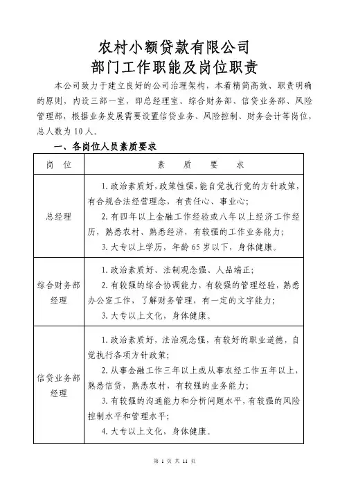 小额贷款有限公司部门工作职能及岗位职责