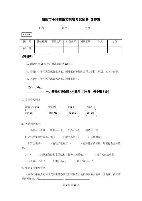 朝阳市小升初语文摸底考试试卷-含答案