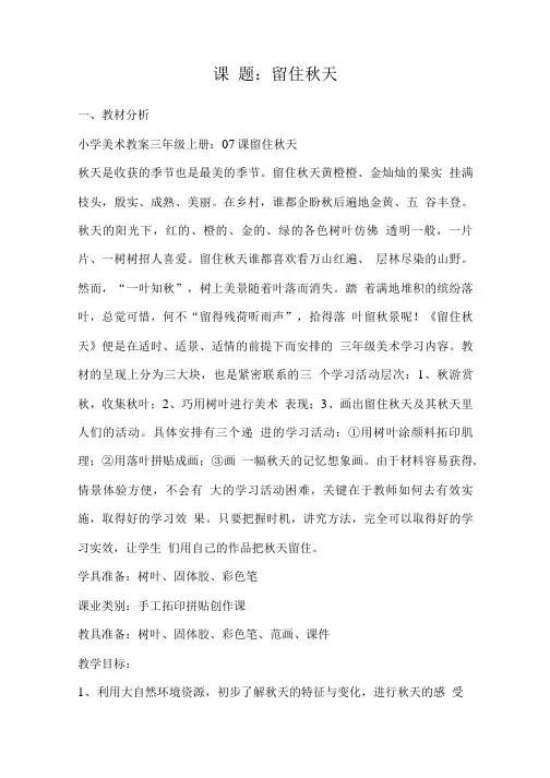 湘教版小学美术三年级上册留住秋天教案.doc