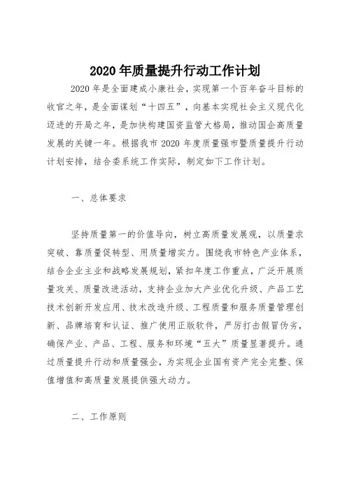 2020年质量提升行动工作计划