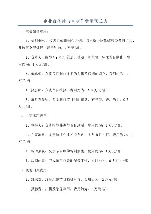 企业宣传片节目制作费用预算表