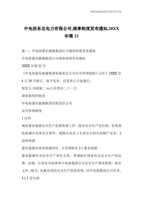 中电投东北电力有限公司,规章制度发布通知,20XX年第13