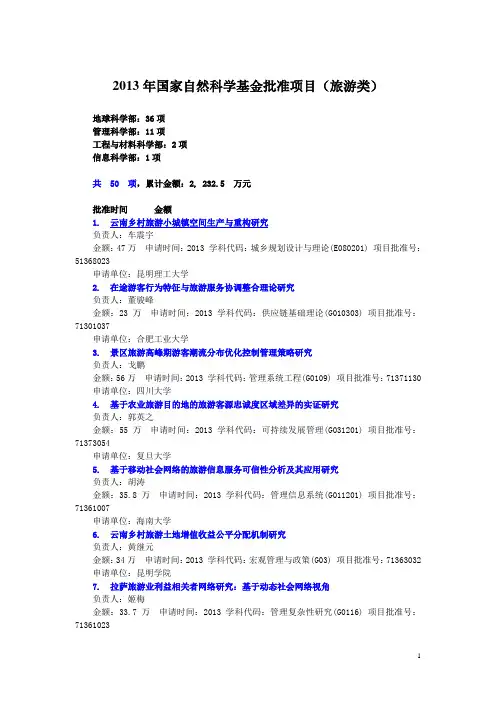 2013年 国家自然科学基金新批准的项目(旅游类)
