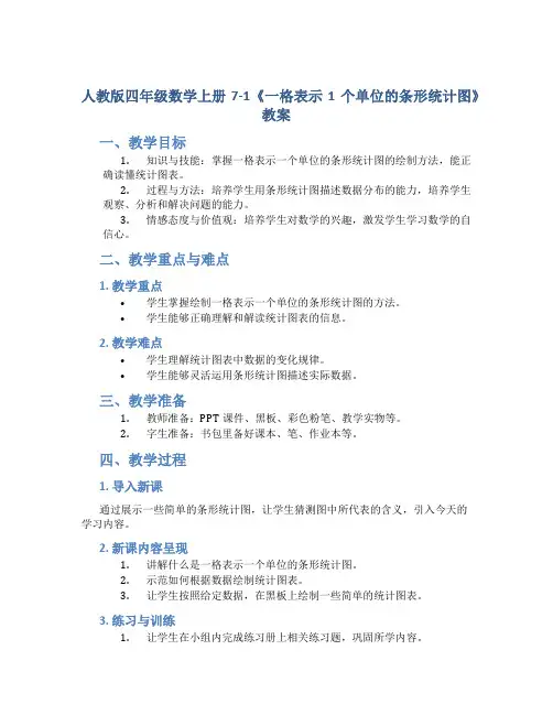 人教版四年级数学上册7-1《一格表示1个单位的条形统计图》教案