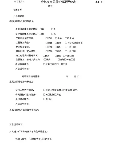 分包商合同履约情况评价表