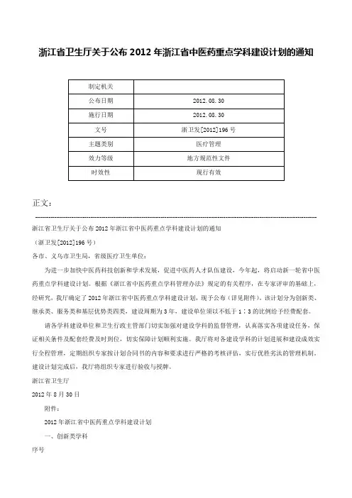 浙江省卫生厅关于公布2012年浙江省中医药重点学科建设计划的通知-浙卫发[2012]196号
