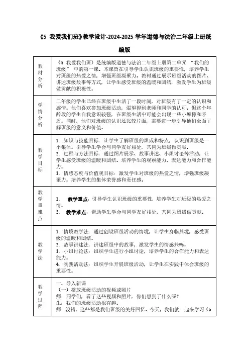 《5 我爱我们班》教学设计-2024-2025学年道德与法治二年级上册统编版