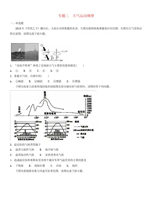 2019届高考地理二轮复习与增分策略专题二大气运动规律专题强化练(有答案)