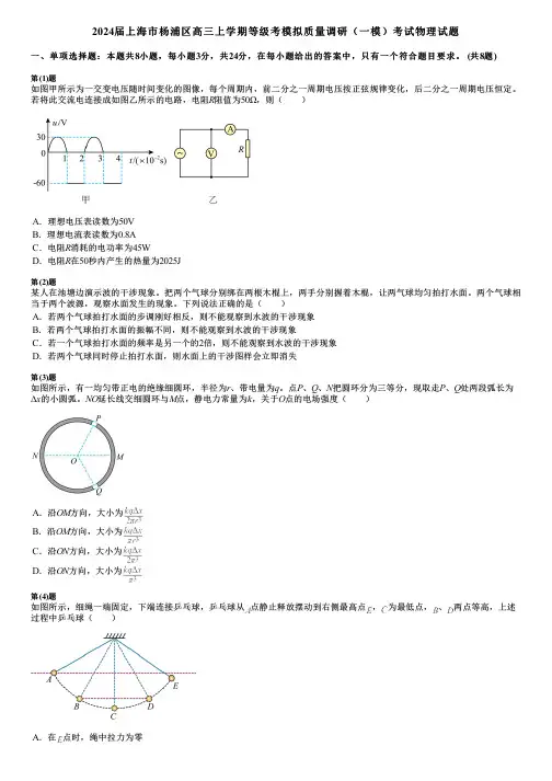 2024届上海市杨浦区高三上学期等级考模拟质量调研(一模)考试物理试题