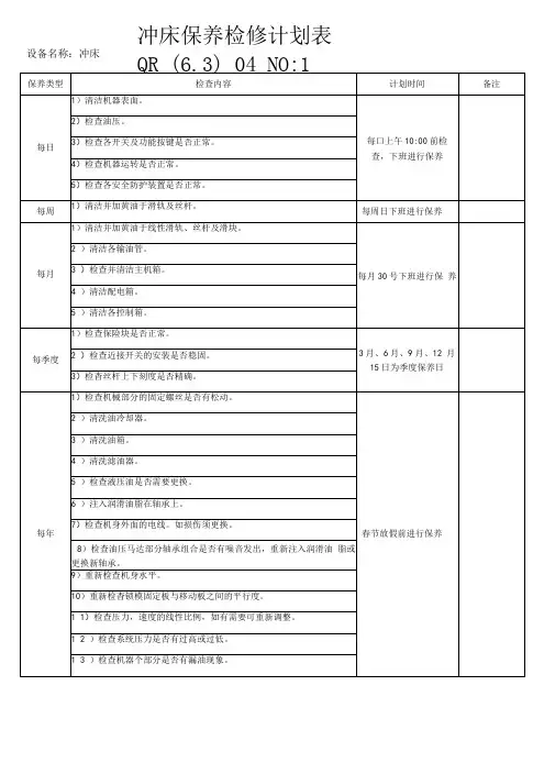 冲床保养检修计划表