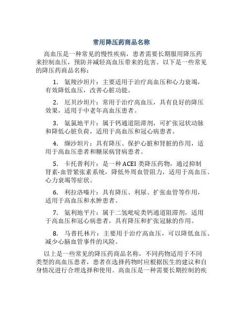 常用降压药商品名称