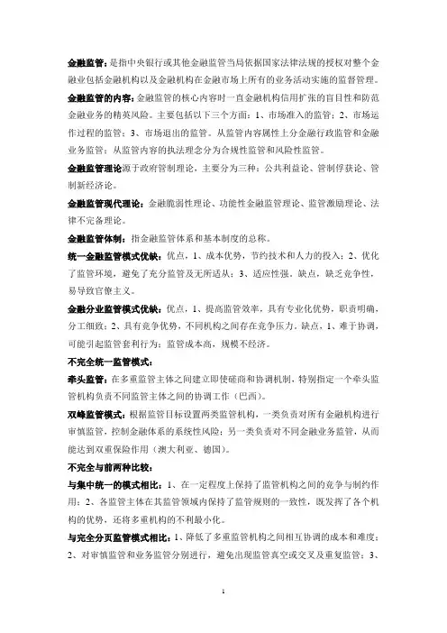 金融监管总结考试重点整理