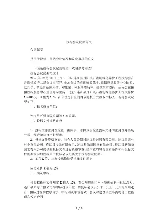 投标会议纪要范文