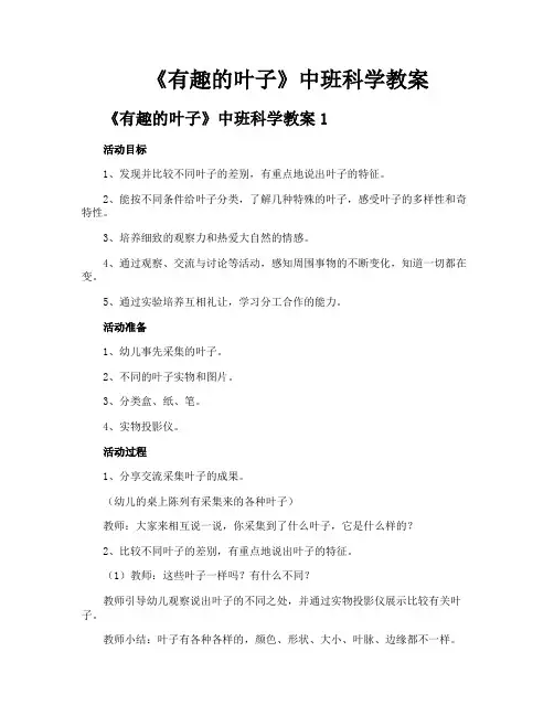《有趣的叶子》中班科学教案