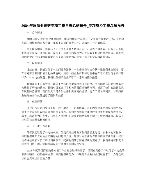 2024年反商业贿赂专项工作自查总结报告_专项整治工作总结报告