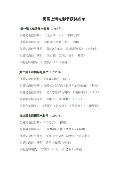 历届上海电影节获奖名单(第一届至2012年)