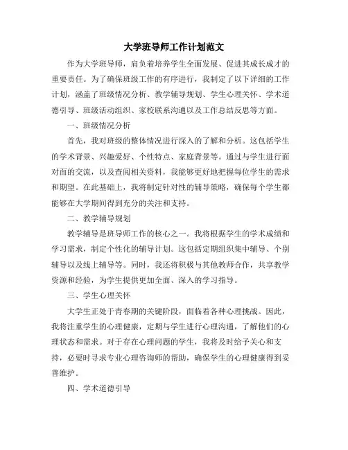 大学班导师工作计划范文