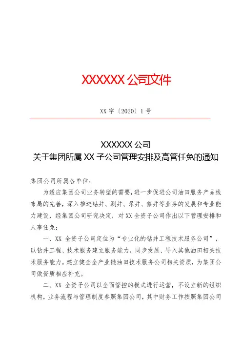 关于集团所属XX子公司管理安排及高管任免的通知