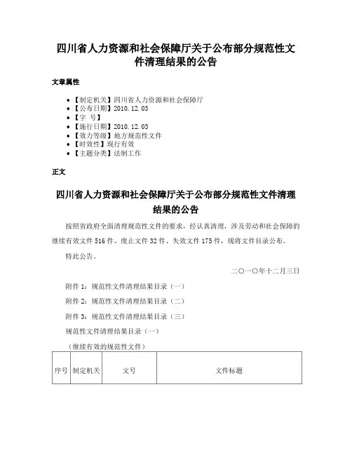 四川省人力资源和社会保障厅关于公布部分规范性文件清理结果的公告