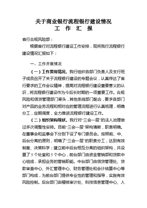 商业银行关于流程银行建设情况工作汇报