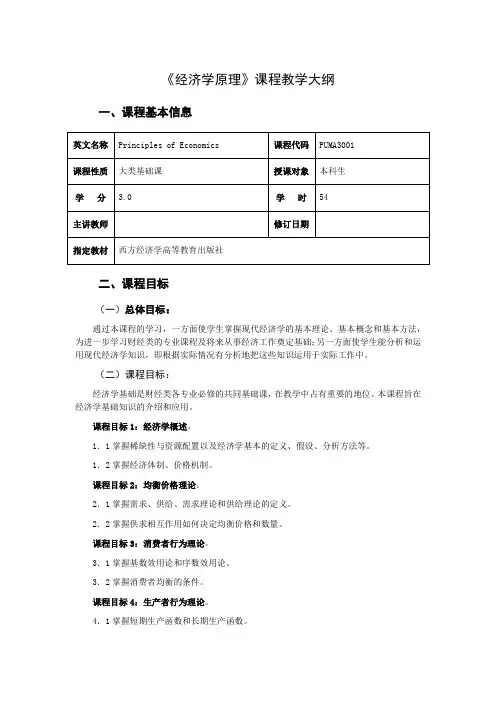 经济学原理  教学大纲