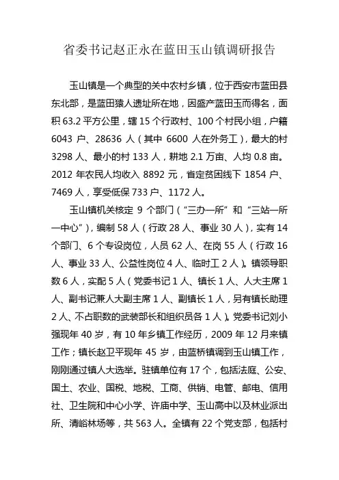 赵正永书记蓝田玉山镇调研报告
