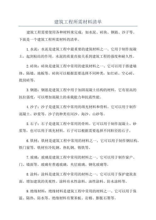建筑工程所需材料清单