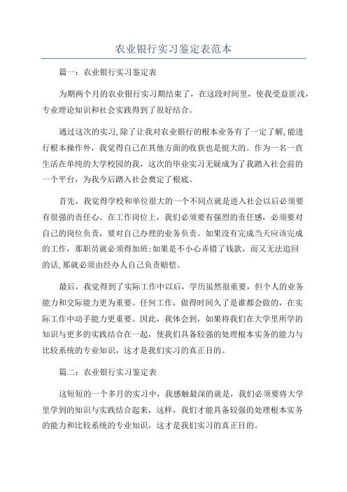 农业银行实习鉴定表范本