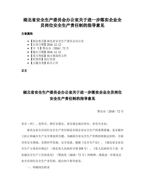 湖北省安全生产委员会办公室关于进一步落实企业全员岗位安全生产责任制的指导意见