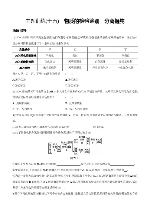 2021年中考化学总复习 主题训练(15) 物质的检验鉴别 分离提纯(word版,含答案)