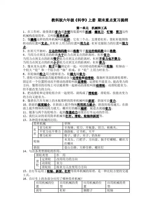 教科版六年级科学上册期末重点复习提纲