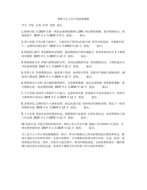 销售个人工作计划表格模板