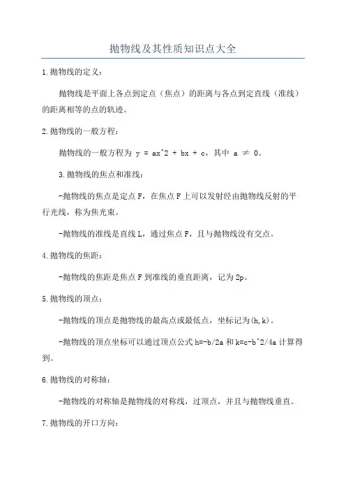 抛物线及其性质知识点大全