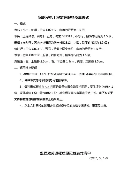 锅炉发电工程监理服务质量表式