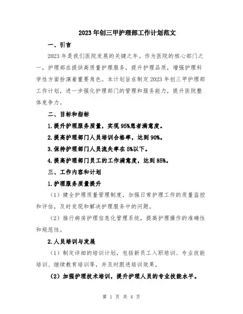 2023年创三甲护理部工作计划范文